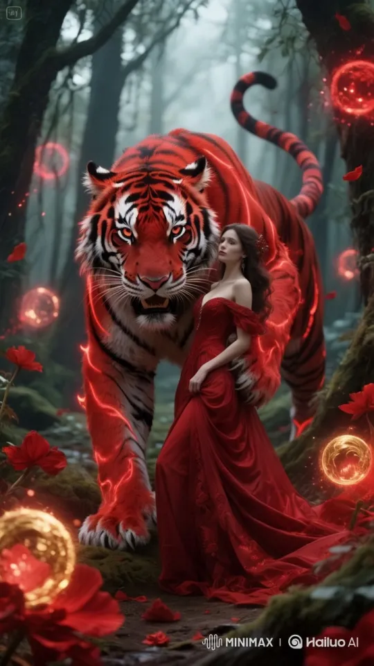 Enchanted Forest: Majestic Tiger and Regal Woman Walk Together – AI Generated Video | Hailuo AI
