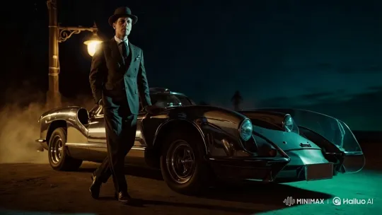 Retro-Futuristic Car Displayed with Elegance Under Streetlight – AI Generated Video | Hailuo AI