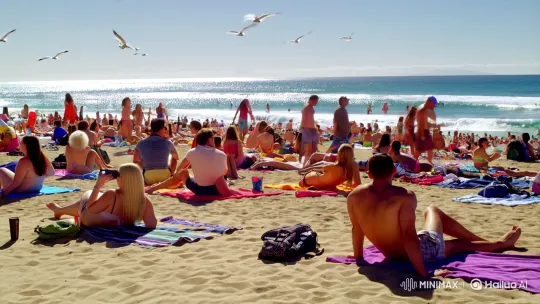 Vibrant Beach Life: Joyful Strolls and Playful Activities – AI Generated Video | Hailuo AI