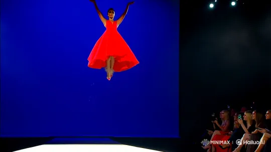 Woman in Red Dress Gracefully Descends Fashion Catwalk – AI Generated Video | Hailuo AI