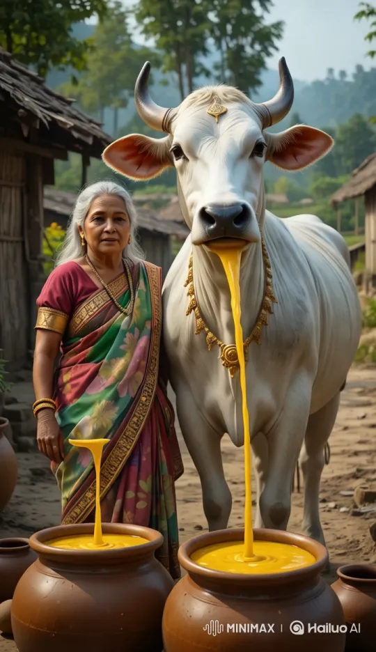 Grandmother's Cow with Gold Jewelry in Serene Village – AI Generated Video | Hailuo AI