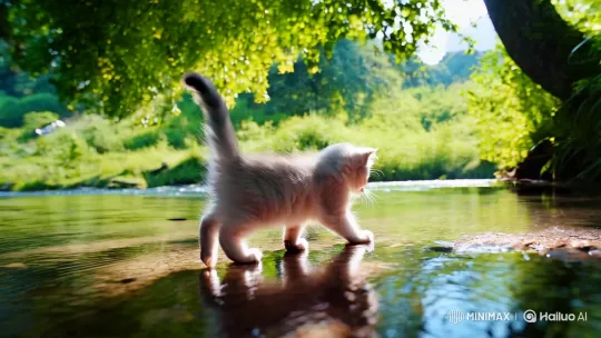 Curious Kitten Explores Flowing River's Edge – AI Generated Video | Hailuo AI