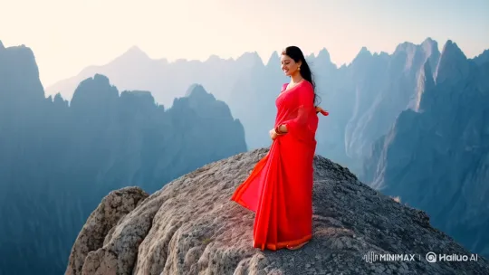 Indian Woman in Red Saree Dances Gracefully on Mountains – AI Generated Video | Hailuo AI