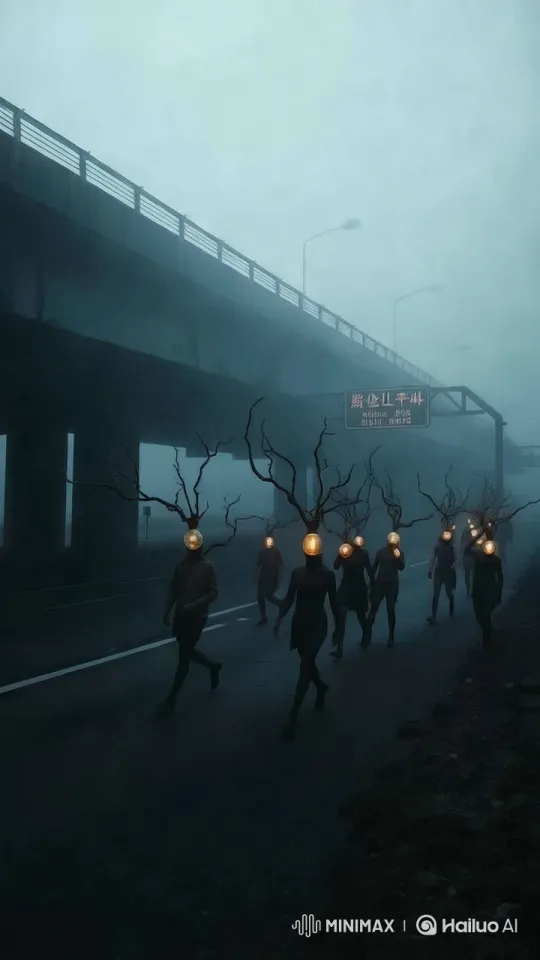 Eerie Walkers with Glowing Orbs on Foggy Highway – AI Generated Video | Hailuo AI