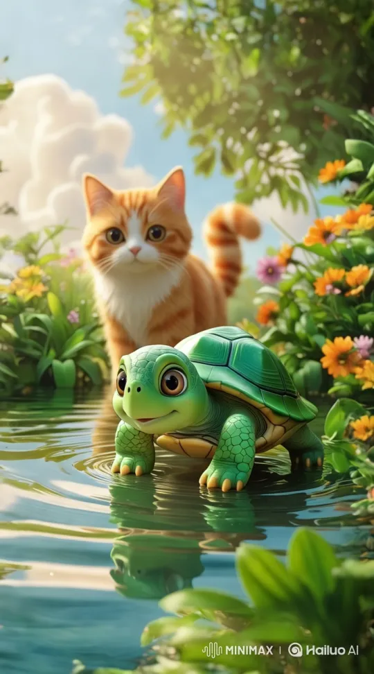 Harmonious Friendship: Cat and Tortoise in a Lush Garden – AI Generated Video | Hailuo AI