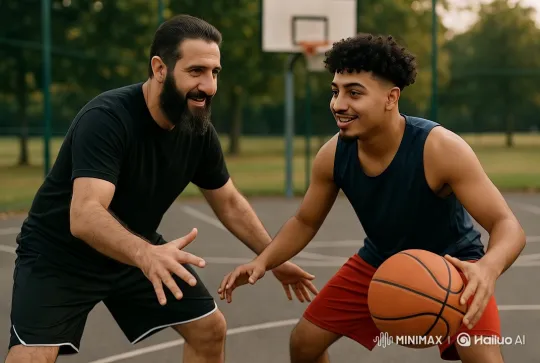 Outdoor Basketball Game in a Lush Park Setting – AI Generated Video | Hailuo AI