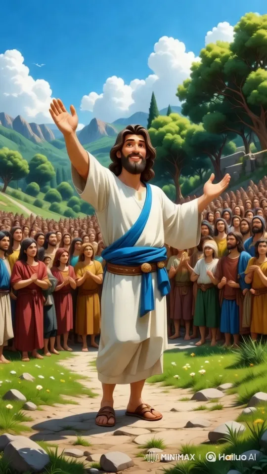 Jesus Preaches with Serene Backdrop and Devoted Crowds – AI Generated Video | Hailuo AI