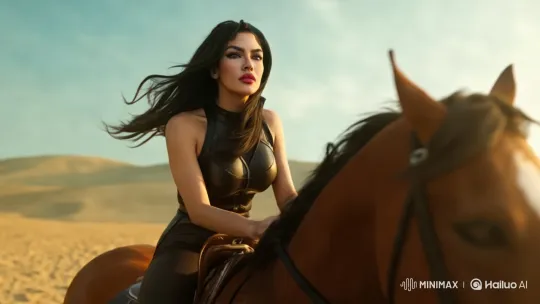 Leather-clad Woman Rides Through Desert on Horse – AI Generated Video | Hailuo AI