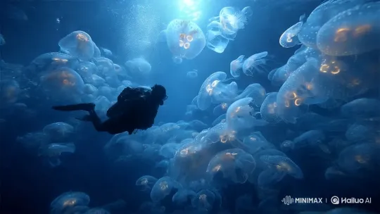 Submerged Serenity: Diver and Bioluminescent Jellyfish – AI Generated Video | Hailuo AI