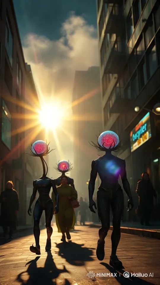 Futuristic Figures Walk Through Aesthetic Cityscape – AI Generated Video | Hailuo AI