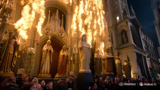 Descending Fire: Awe and Deception at Urban Church – AI Generated Video | Hailuo AI
