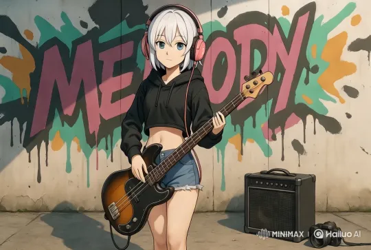 Female Bassist Performs with Intensity Against Graffiti Art – AI Generated Video | Hailuo AI