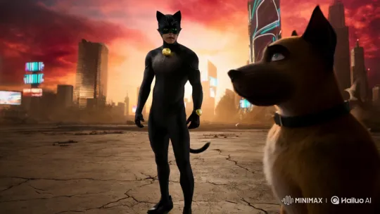 Heroic Cat Man Faces Menacing Mr. Dog in Dystopian Showdown – AI Generated Video | Hailuo AI