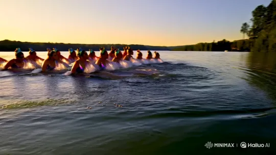 Synchronized Swimmers Perform in Pristine Lake – AI Generated Video | Hailuo AI