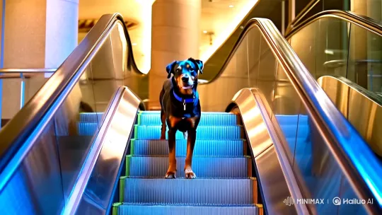 Graceful Hotweiler on Descending Escalator – AI Generated Video | Hailuo AI