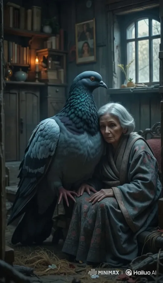 Elderly Woman and Affectionate Pigeon in Cozy Room – AI Generated Video | Hailuo AI