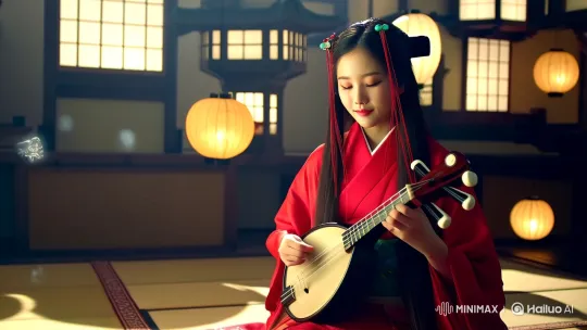 Enchanting Lady Plays Shamisen in Dreamy Infinity Castle – AI Generated Video | Hailuo AI