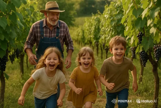 Golden Vineyard Joy: Grandfather and Grandchildren's Playful Day – AI Generated Video | Hailuo AI