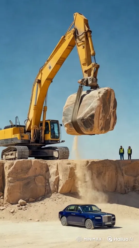 Luxury Car Testing Durability with Excavator and Boulder – AI Generated Video | Hailuo AI