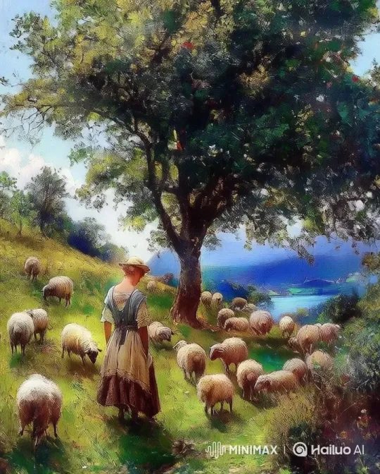 Pastoral Serenity: Shepherdess and Grazing Sheep in HD – AI Generated Video | Hailuo AI
