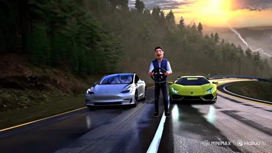 Tesla vs. Lamborghini: High-Stakes Mountain Duel – AI Generated Video | Hailuo AI