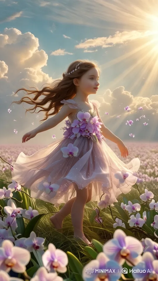 Fairy-Tale Girl Dancing in Enchanted Orchid Field – AI Generated Video | Hailuo AI