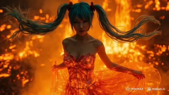 Vibrant Woman in Fiery Dress Captivates with Dynamic Dance – AI Generated Video | Hailuo AI