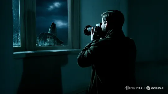 Male Captures Witch Figure in Dark, Stormy Room – AI Generated Video | Hailuo AI