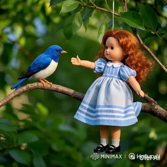 Harmony: Blue Bird and Doll in Serene Nature – AI Generated Video | Hailuo AI