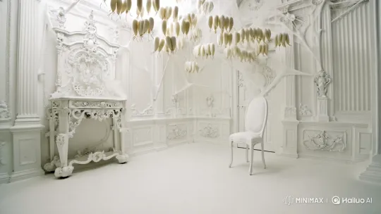 White Baroque Room with Ominous White Larvae Display – AI Generated Video | Hailuo AI