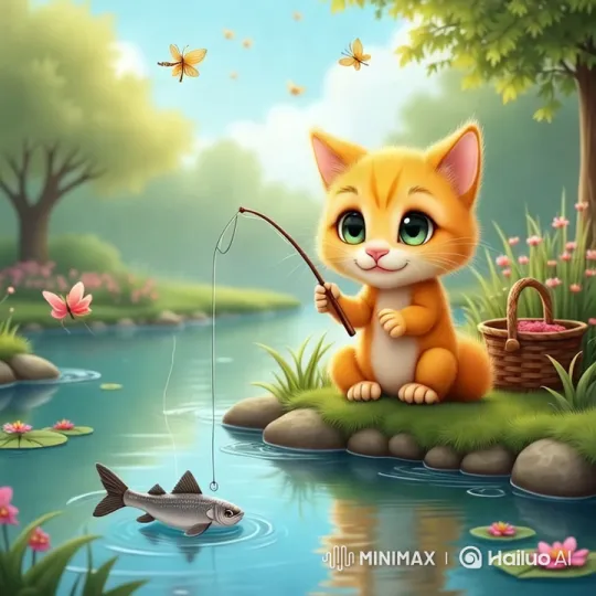 Orange Kitten Fishing by Tranquil Pond – AI Generated Video | Hailuo AI