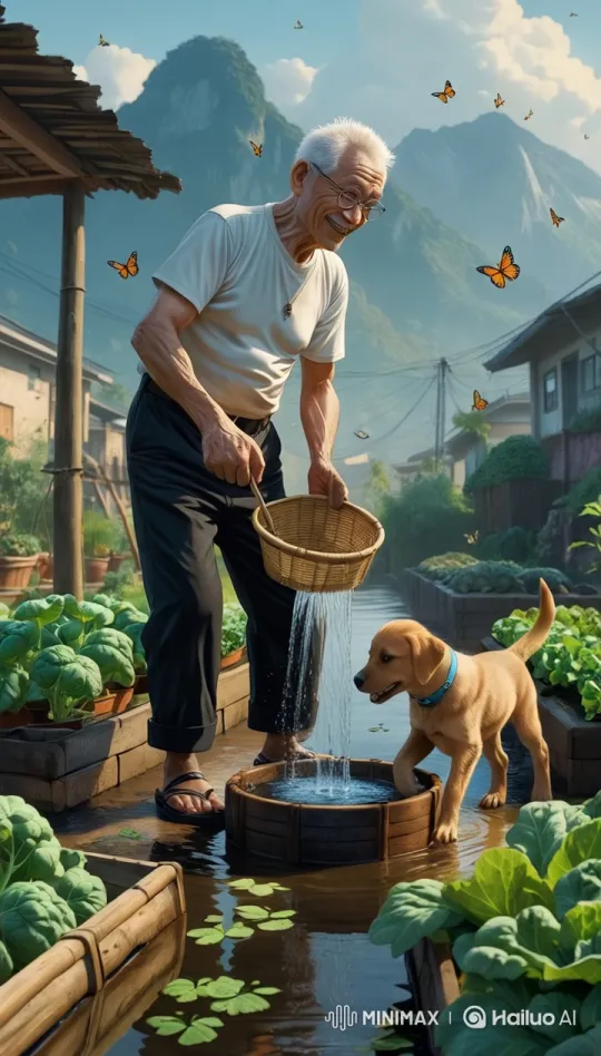 Elderly Man and Puppy Enjoy Peaceful Moment in Village – AI Generated Video | Hailuo AI