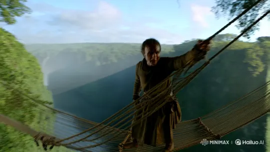 Aesthetic Film Scene: Figure on Swinging Bridge – AI Generated Video | Hailuo AI