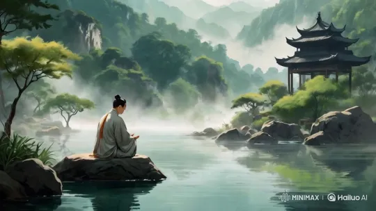Monk Meditating by Tranquil River with Pagoda – AI Generated Video | Hailuo AI