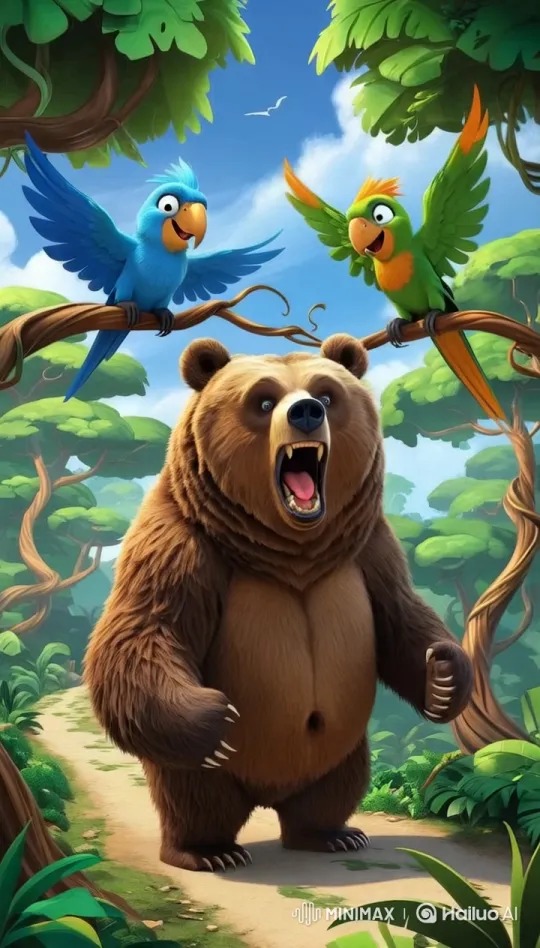 Bear Yells as Parrots Laugh in Cartoon Jungle Scene – AI Generated Video | Hailuo AI