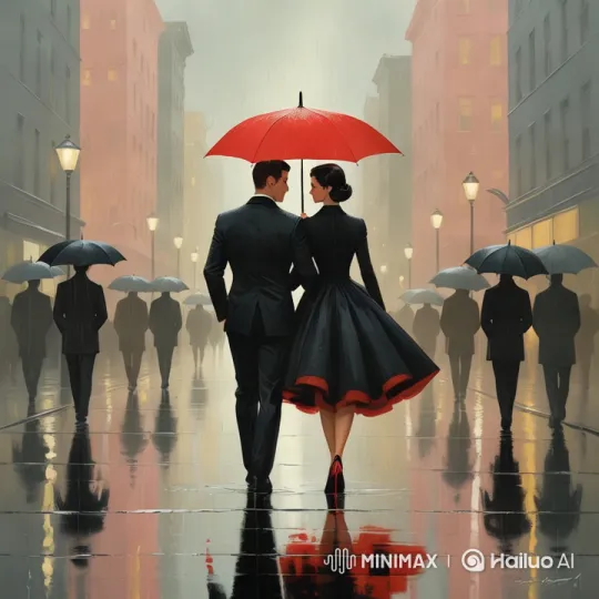 Romantic Couple Under Red Umbrella in Rainy Cityscape – AI Generated Video | Hailuo AI