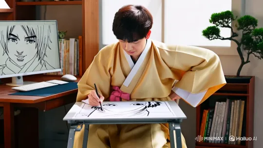 Korean Artist Crafts Anime in Serene Traditional Setting – AI Generated Video | Hailuo AI