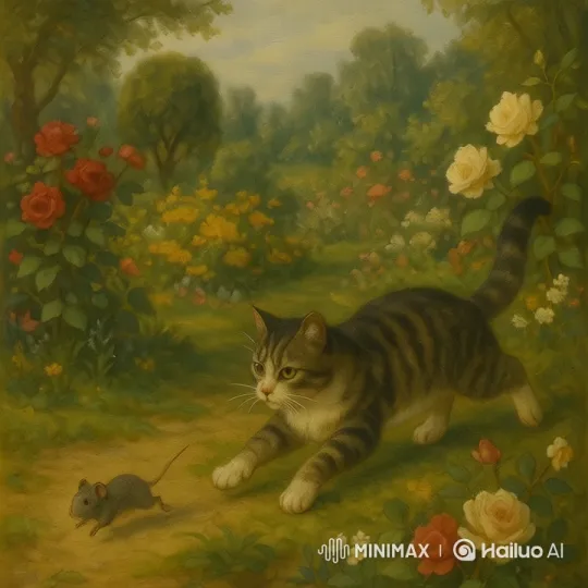 Cat Hunts Mouse in Picturesque Garden – AI Generated Video | Hailuo AI