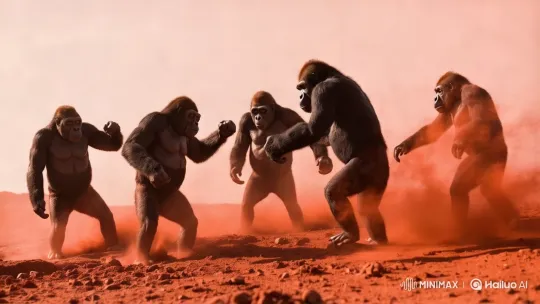 Gigagorilla Mecha Crushes Dancing Gorillas in Alien Landscape – AI Generated Video | Hailuo AI