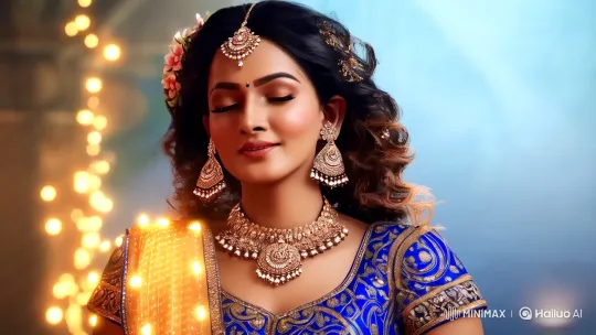 Enchanting Indian Woman in Radiant Blue-Gold Attire – AI Generated Video | Hailuo AI