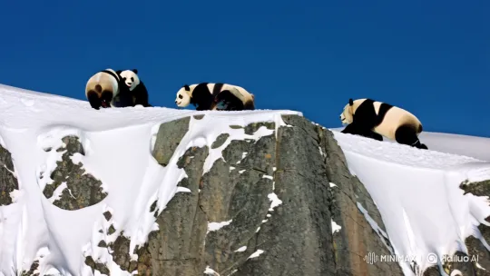 Pandas Dance Joyfully in Snowy Mountain Wonderland – AI Generated Video | Hailuo AI
