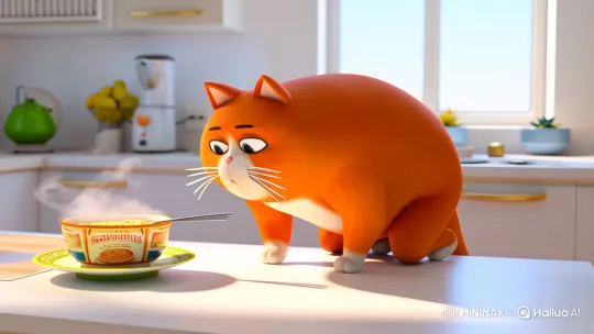 Orange Cat Prepares for Noodle Leap in Bright Kitchen – AI Generated Video | Hailuo AI