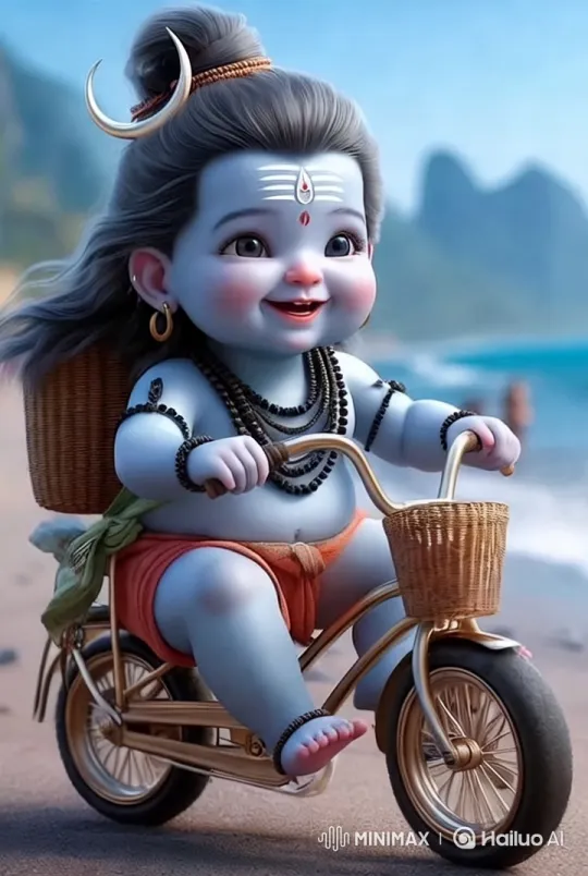 Baby Deity Rides Golden Tricycle on Serene Beach – AI Generated Video | Hailuo AI
