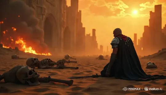 Knight in Ruined Battlefield at Sunset – AI Generated Video | Hailuo AI