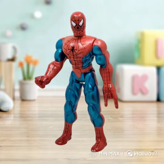 Spider-Man Figure Showcases Dynamic Pose in Colorful Room – AI Generated Video | Hailuo AI