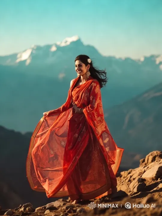 Indian Woman in Saree on Mountain at Golden Hour – AI Generated Video | Hailuo AI
