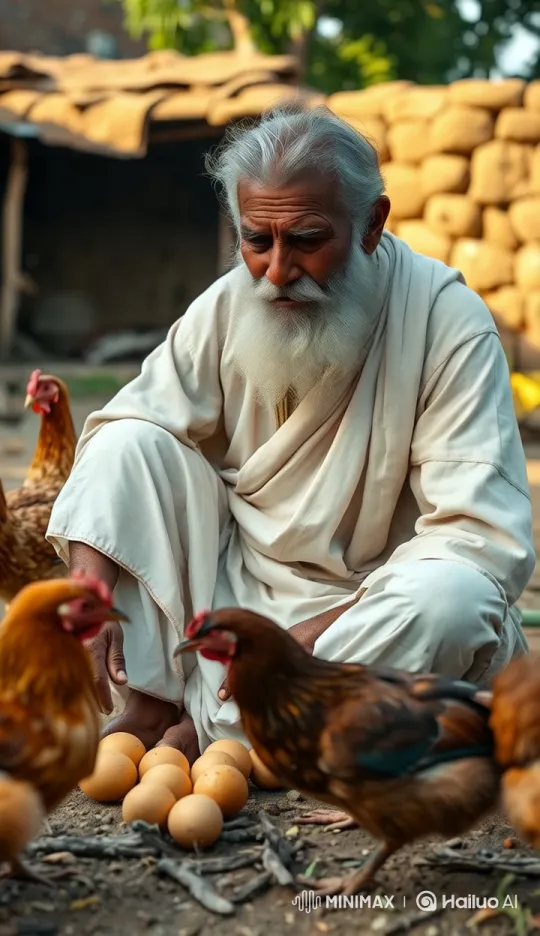 Elderly Indian Man Amidst Hens and Golden Eggs – AI Generated Video | Hailuo AI