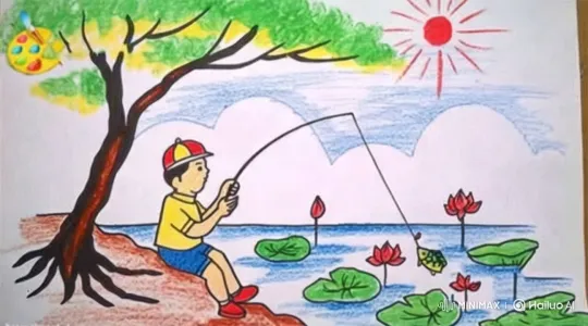 Tranquil Pond Fishing Scene with Colorful Flora and Boy – AI Generated Video | Hailuo AI