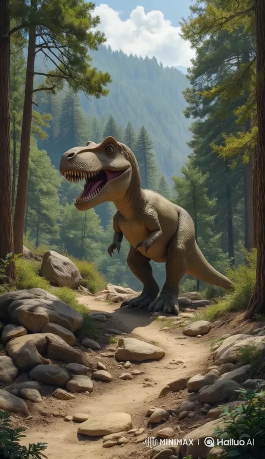 Friendly T-Rex Explores Peaceful Forest Trail – AI Generated Video | Hailuo AI