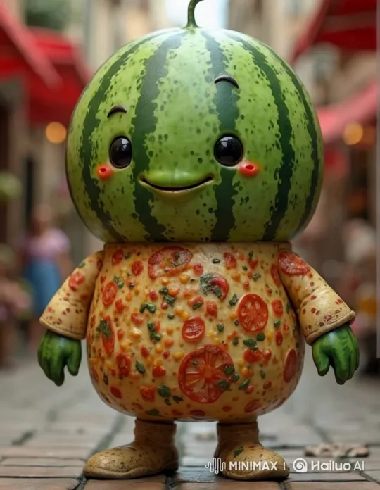 Watermelon-Headed Character Jumps Cheerfully in Colorful Street – AI Generated Video | Hailuo AI